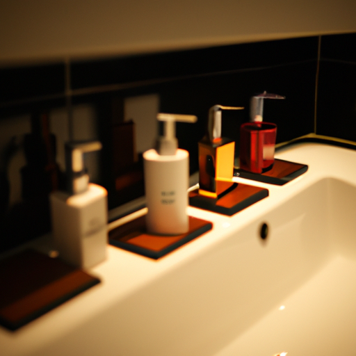 צילום של חדר רחצה יוקרתי במלון, בדגש על בקבוקי השמפו