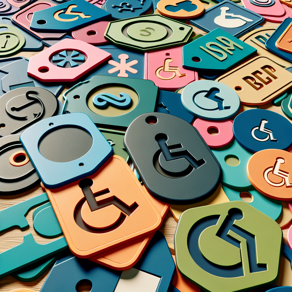 תמונה של מנשאים שונים לתגי נכה במגוון צבעים ועיצובים, מונחים על שולחן.